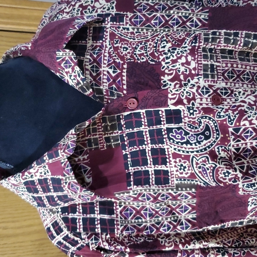 Brylane woman collection burgandy patchwork pattern long sleeve long line tunic